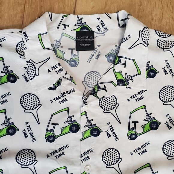NWT Bioworld Mens Size L White Golf Button Down Hawaiian Shirt A Tee-Rific Time - Picture 8 of 12